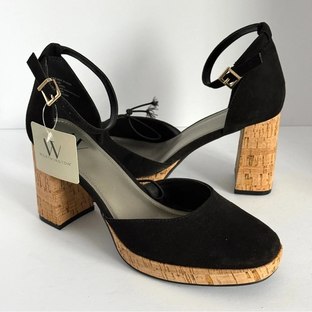 Worthington Woman’s Panama Block Heels in Black Faux Suede Cork Platform Size 9M